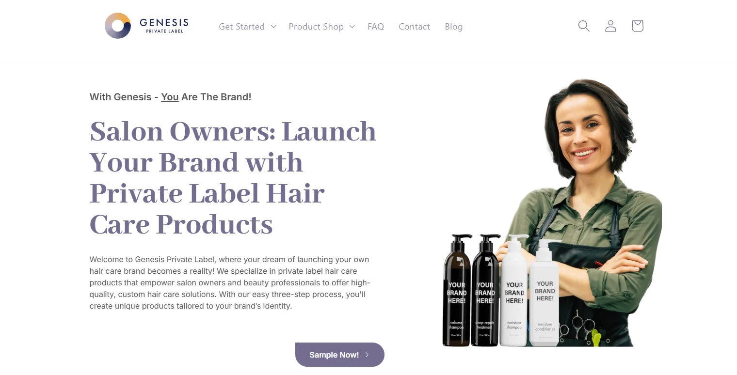 Smiling woman in apron holding private label hair care bottles with text promoting Genesis Private Label services for salon owners.